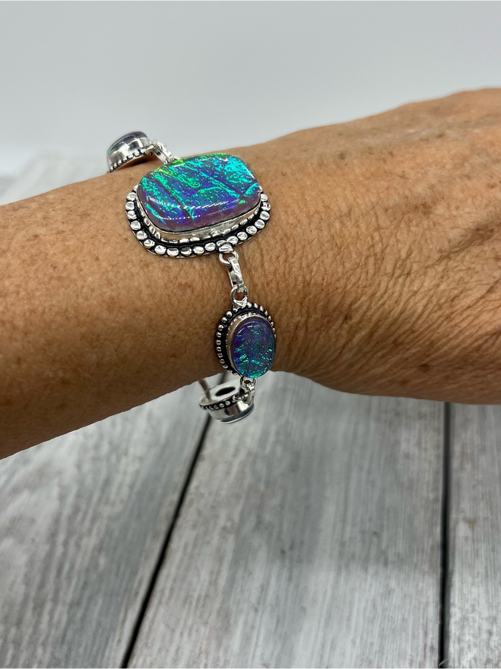 349. Triplet Opal Sterling Silver Iridescent Blue-Green Opal Bracelet - 7.25-8” - Picture 7 of 10